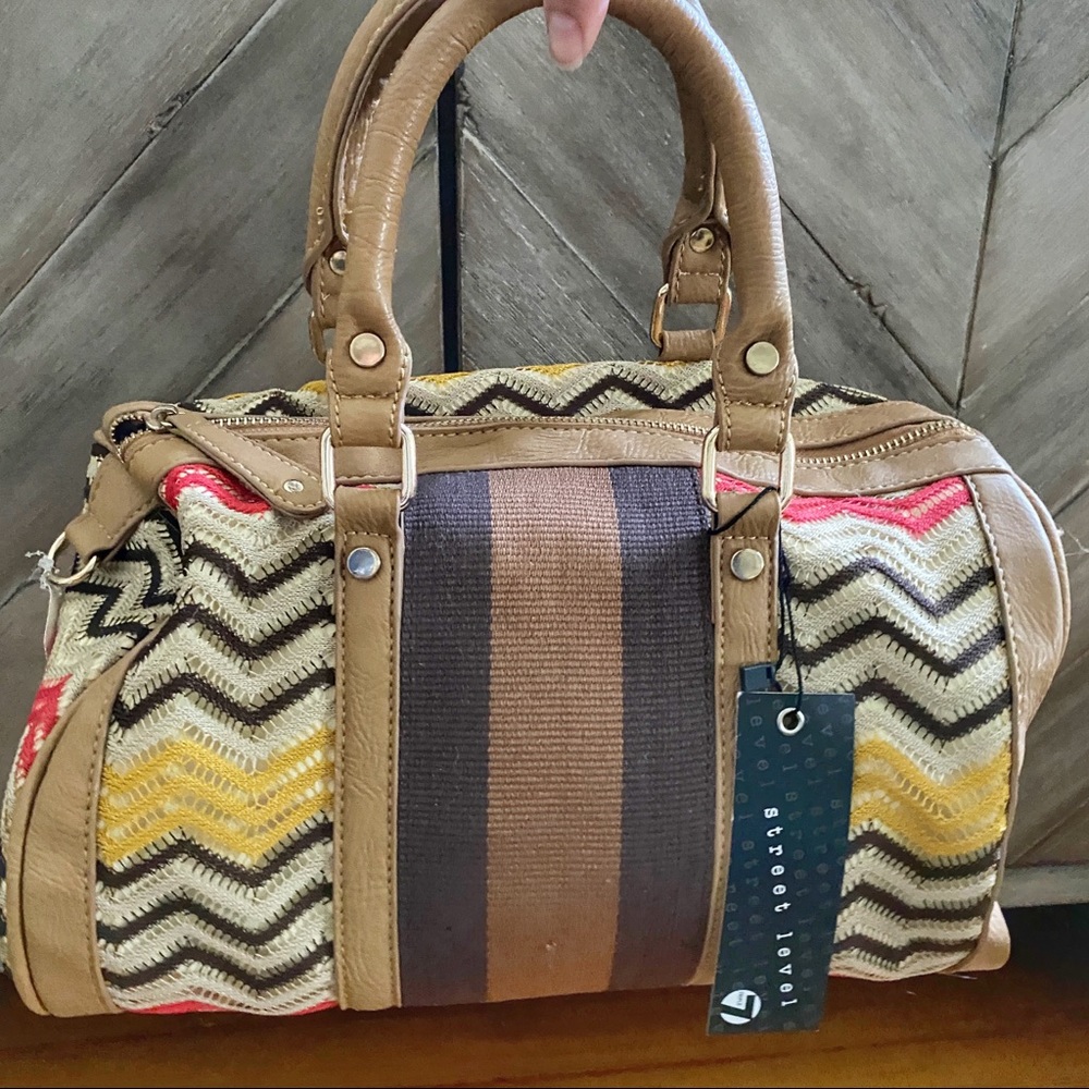 Knitted carry all with leather edging, crossbody